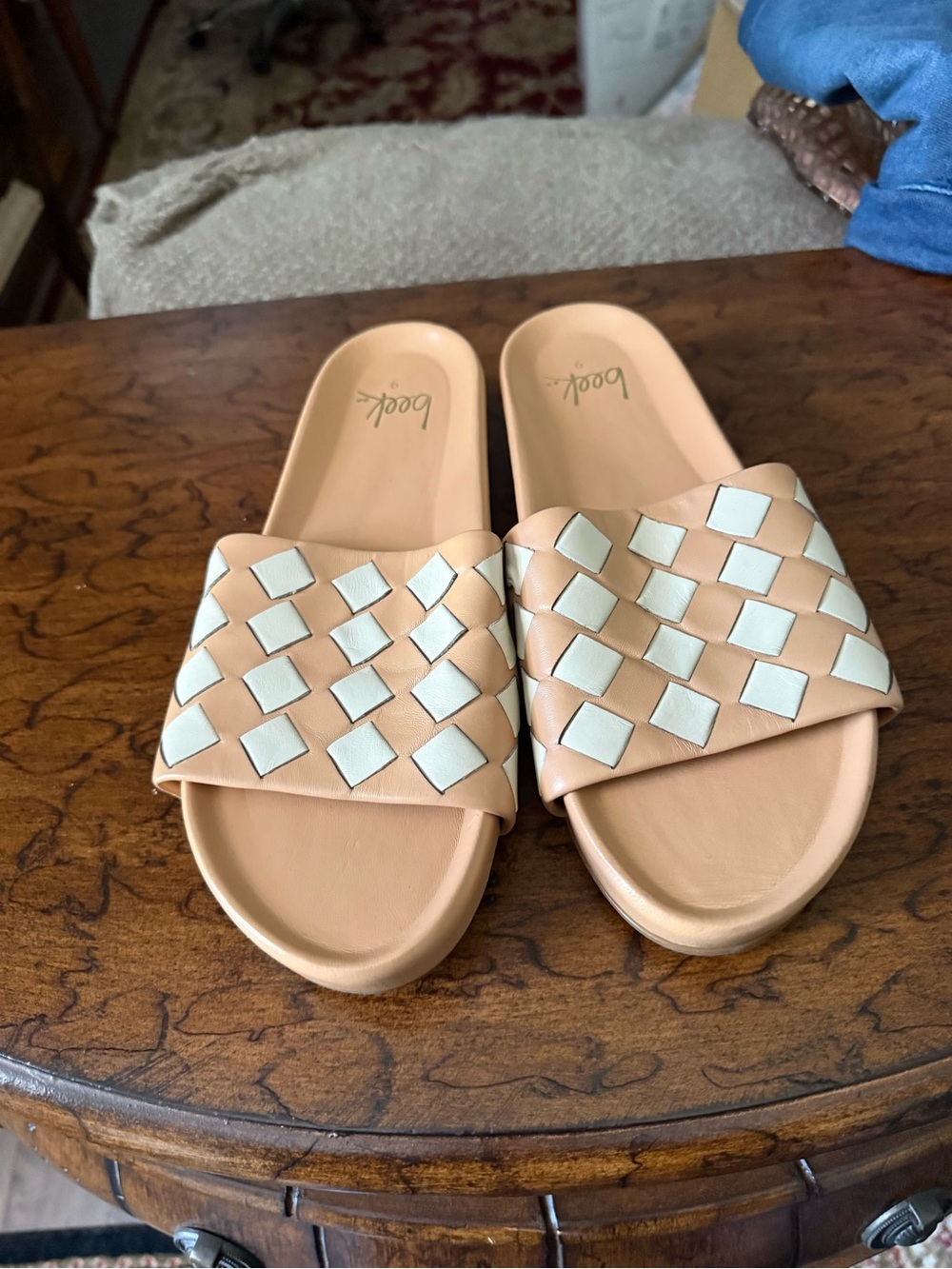 beek Tan and White Woven Slide Sandals